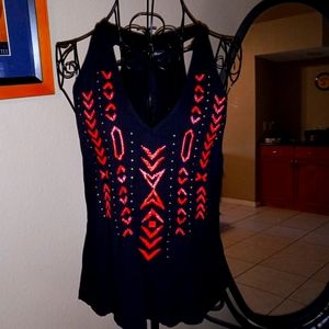 BEBE EUC Small sleeveless black and pink beaded shirt